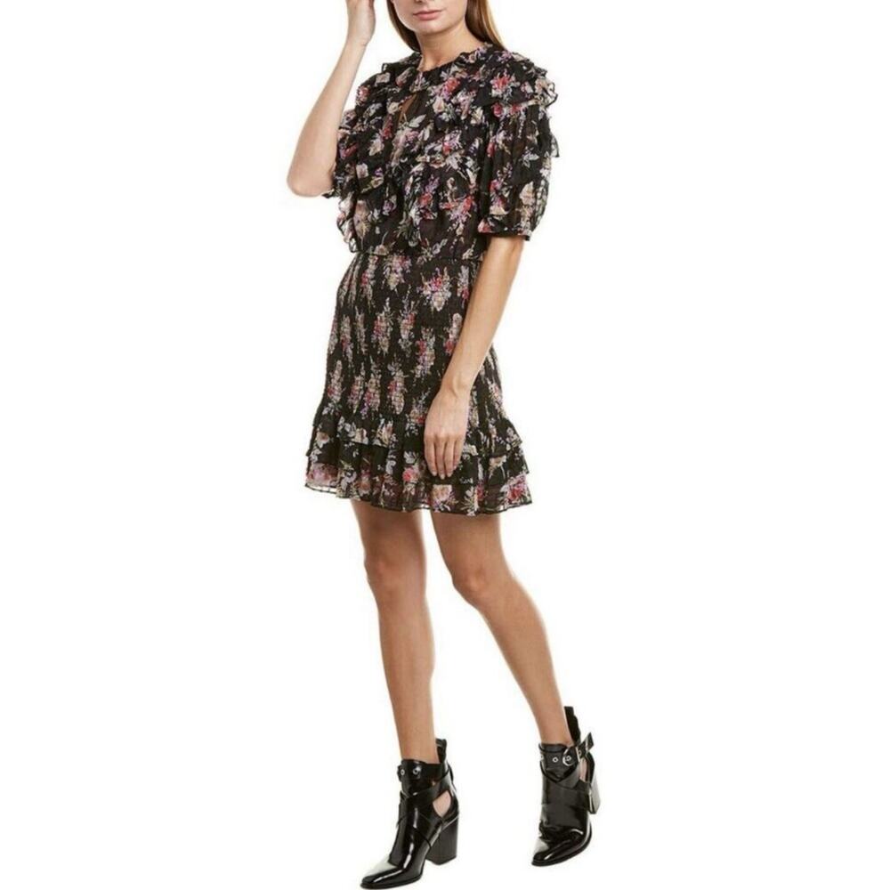 Rebecca Taylor Silk Cotton Ruffle Bodice Smocked Skirt Floral Mini Dress M